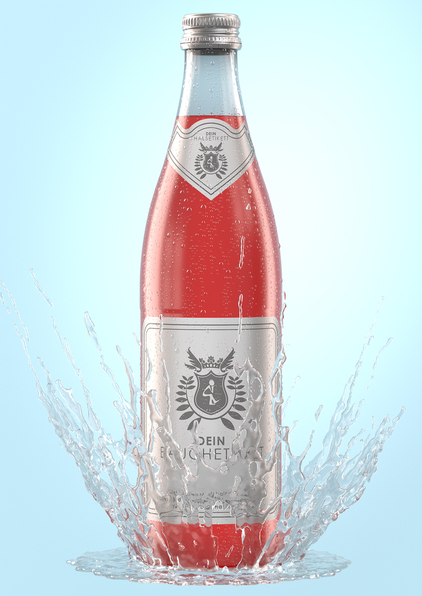 NRW-Flasche mit Splash Unten Rendering NRW-Limoflasche Splash Unten